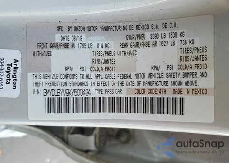 2019 Toyota Yaris L z USA, uszkodzony, nr VIN 3MYDLBYV9KY500494